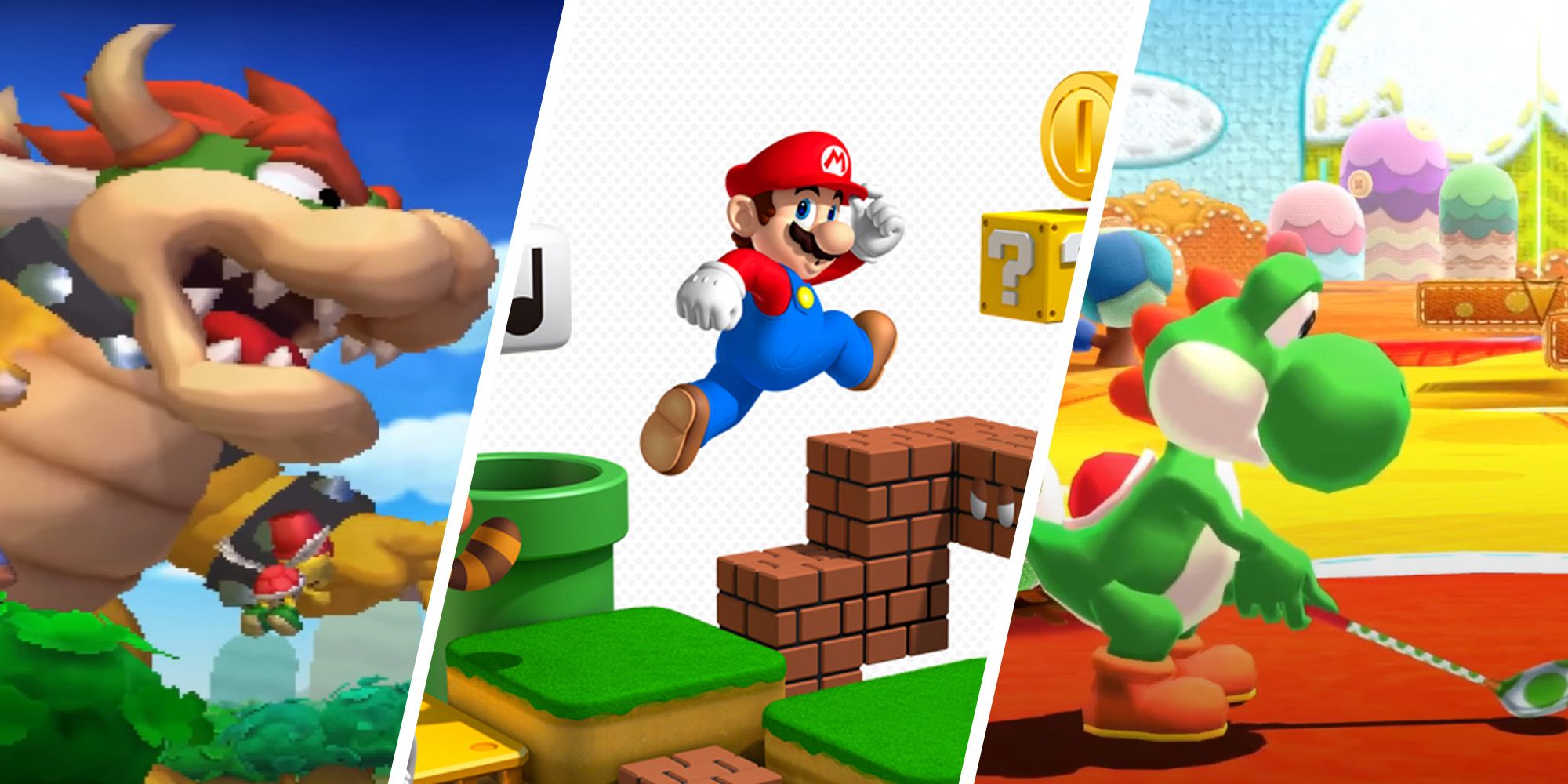 Split image of Super Mario 3D Land, Bowser's Inside Story, and Mario Golf World Tour