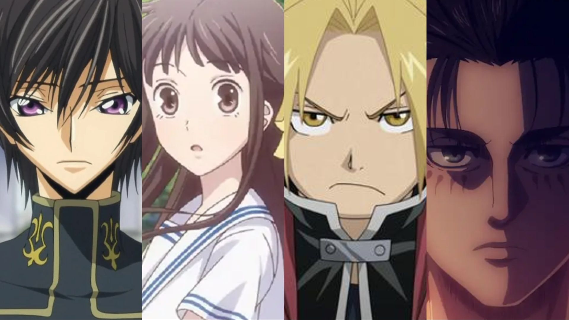 (From Left to Right) A collage of images featuring Lelouche from Code Geass, Tohru from Fruits Basket, Edward from Fullmetal Alchemist Brotherhood, and Eren from Attack on Titan.