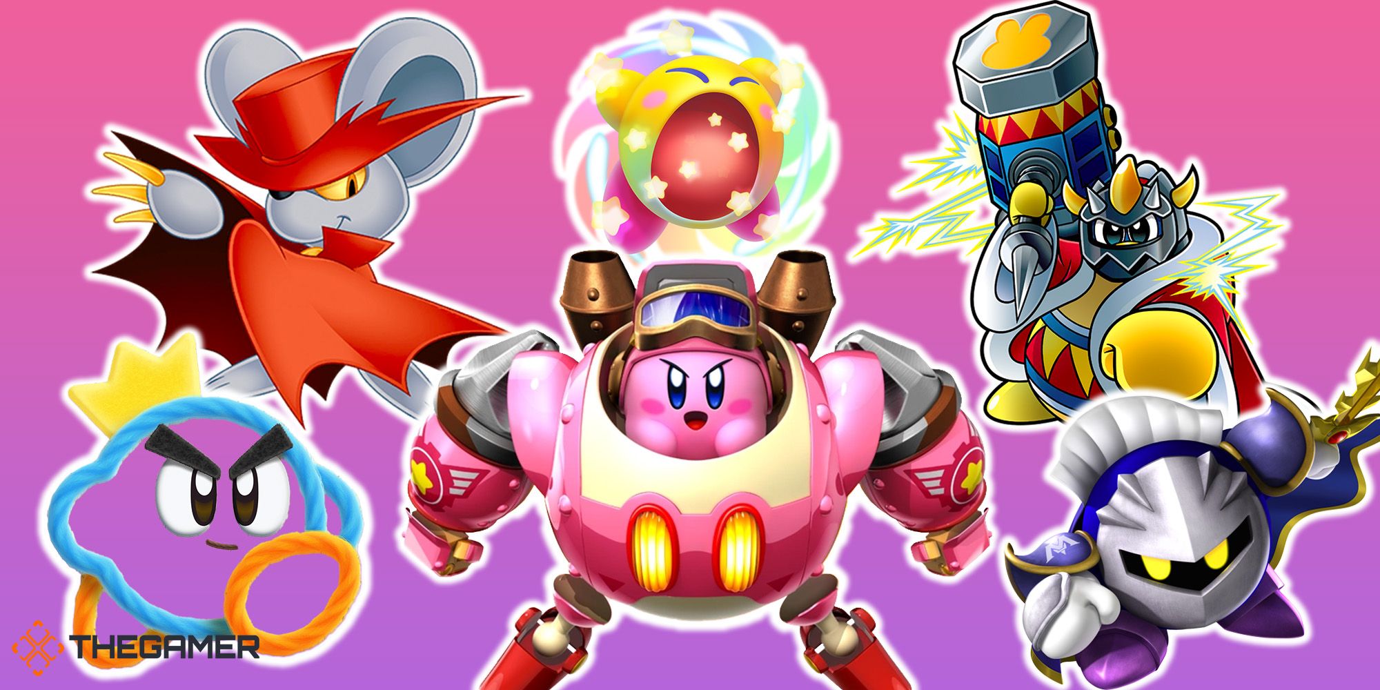 Split image of Kirby, Meta Knight, Prince Fluff, and other Kirby characters