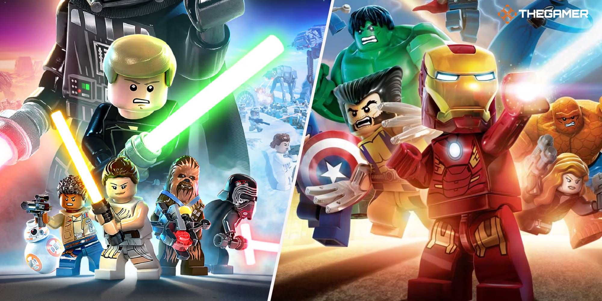 Cover of Lego Star Wars The Skywalker Saga split with cover for Lego Marvel Superheroes