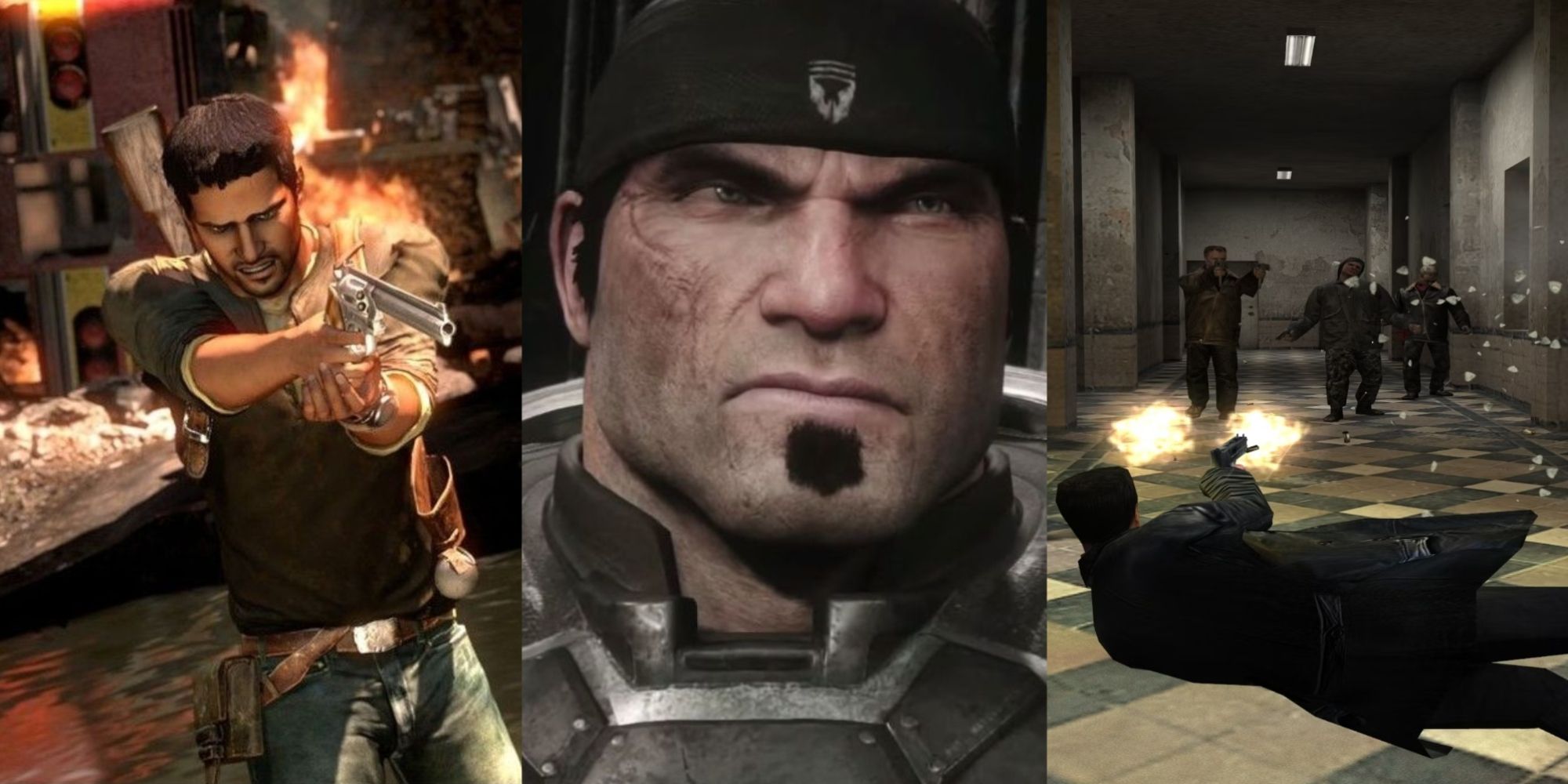 Best Third-Person Shooters Featured Split Image Nathan Drake, Marcus Fenix, and Max Payne