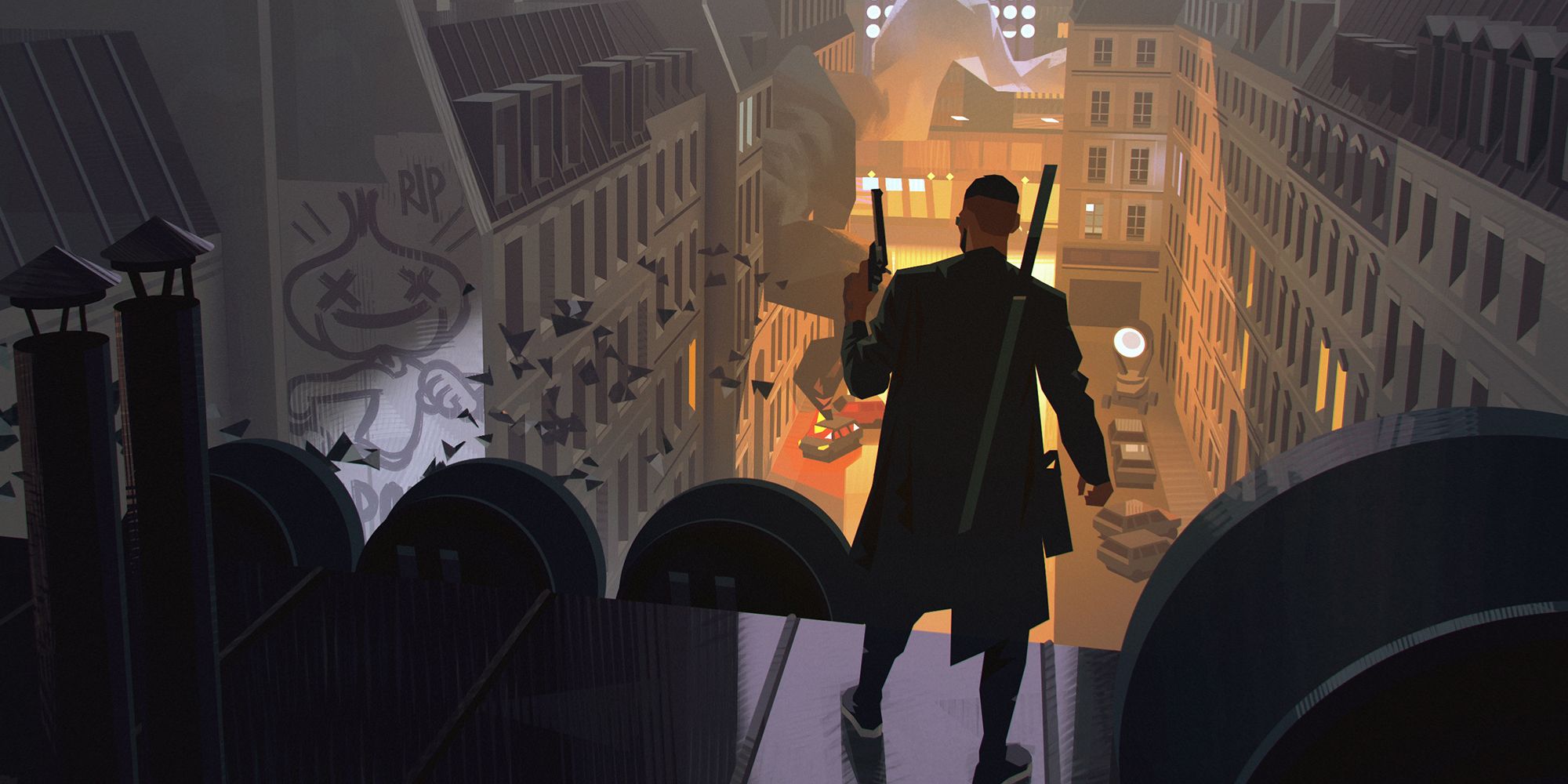 Blade standing on the rooftops looking over a Parisian street as it burns in Arkane concept art