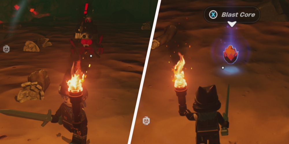 Lego Fortnite: Left: Running from a Blaster, right: standing in front of Blast Core dropped by Blaster