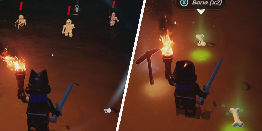 Lego Fortnite: left: Standing in front of three skeletons about to attack, right: standing amidst the bones dropped by the skeletons