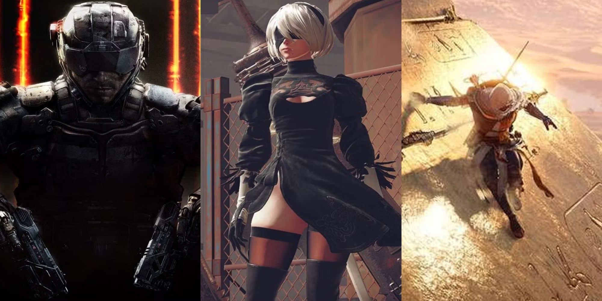 Box art to Black Ops 3, 2B from Nier Automata, and a pyramid from Assassin's Creed Origins