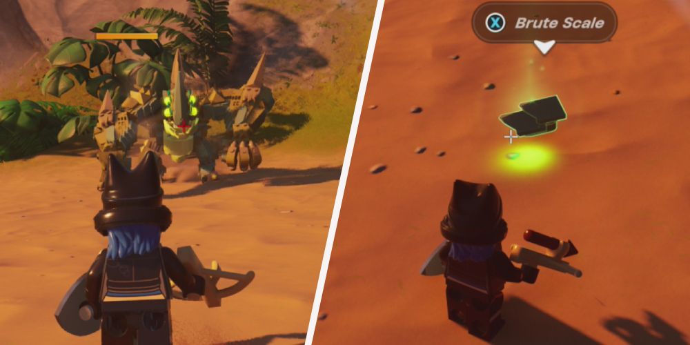 Lego Fortnite: Left: fighting with Brute, right: Standing in front of Brute Scale dropped after defeating the brute