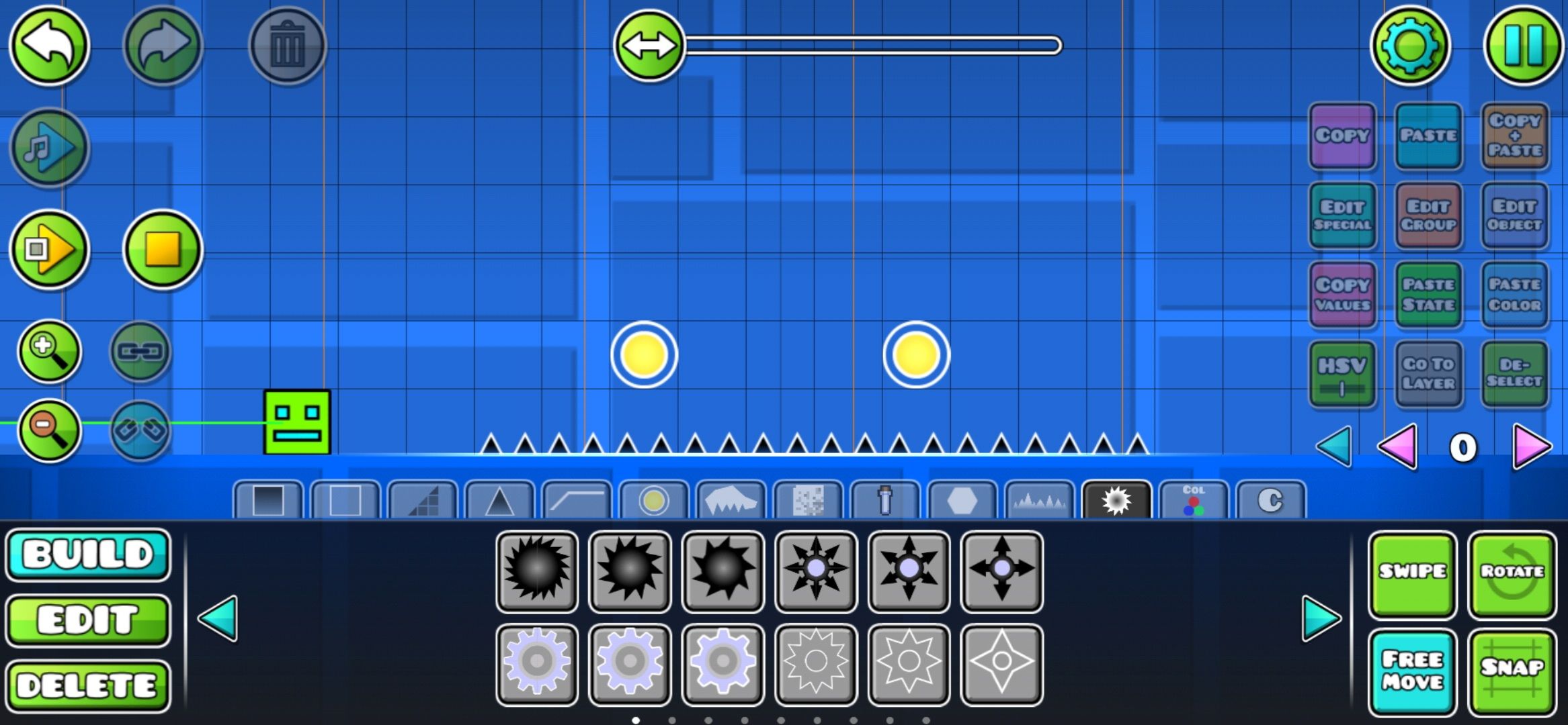 building objects in level editor in Geometry Dash.