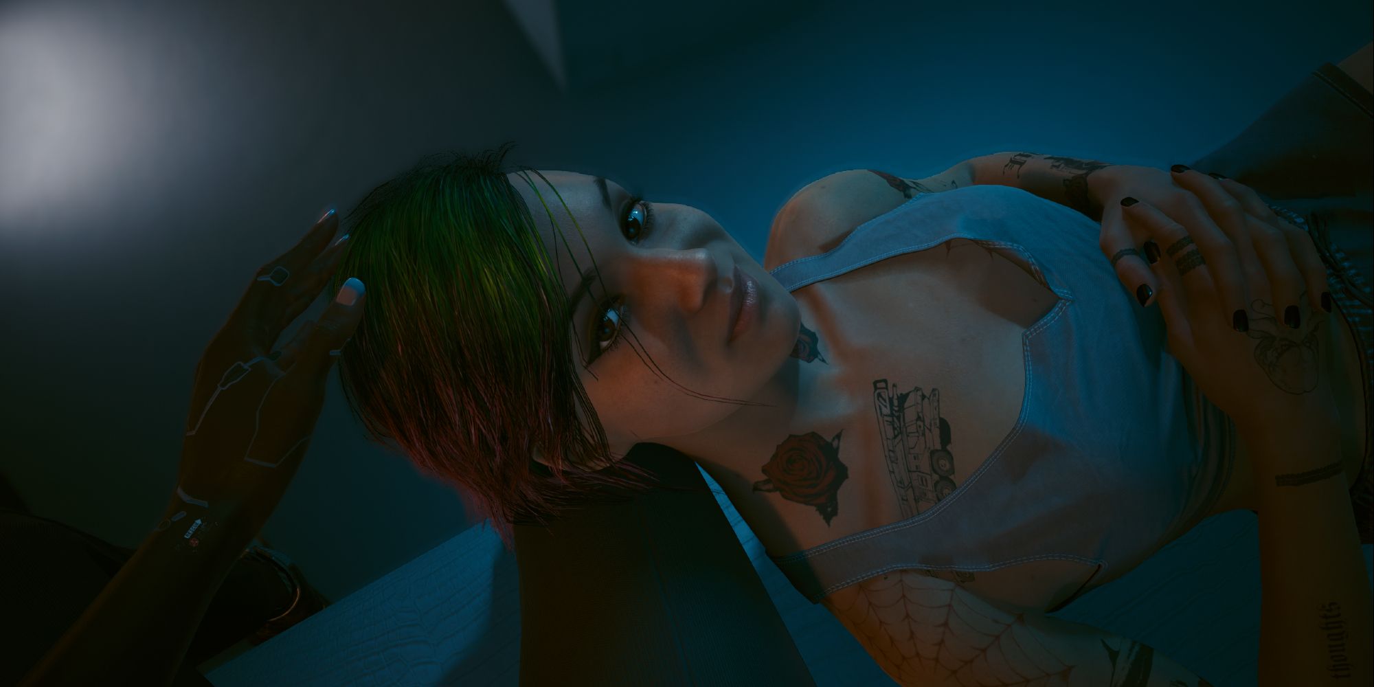 V caressing Judy's hair at her apartment in Cyberpunk 2077.
