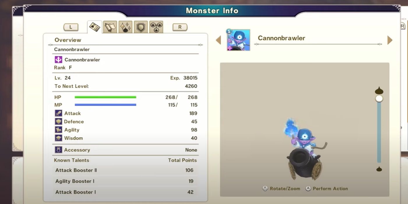 Cannonbrawler Monsterpedia screen in Dragon Quest Monsters The Dark Prince
