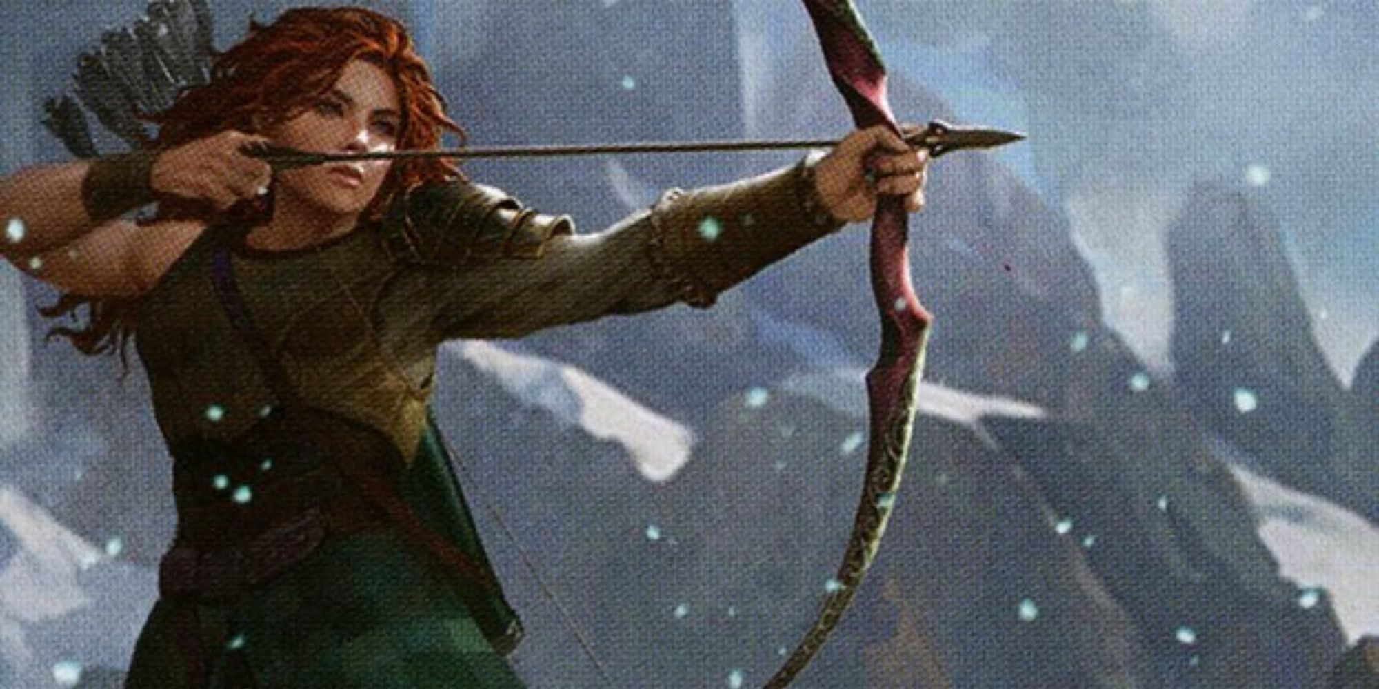 A red headed archer preparing to shoot a bow on a snowy mountain