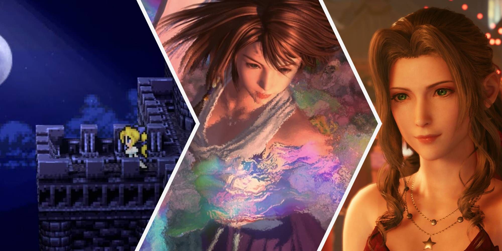Celes from Final Fantasy 6 in the opera house, Yuna from Final Fantasy X performing a Sending, and Aerith from Final Fantasy 7 Remake at Wall Market