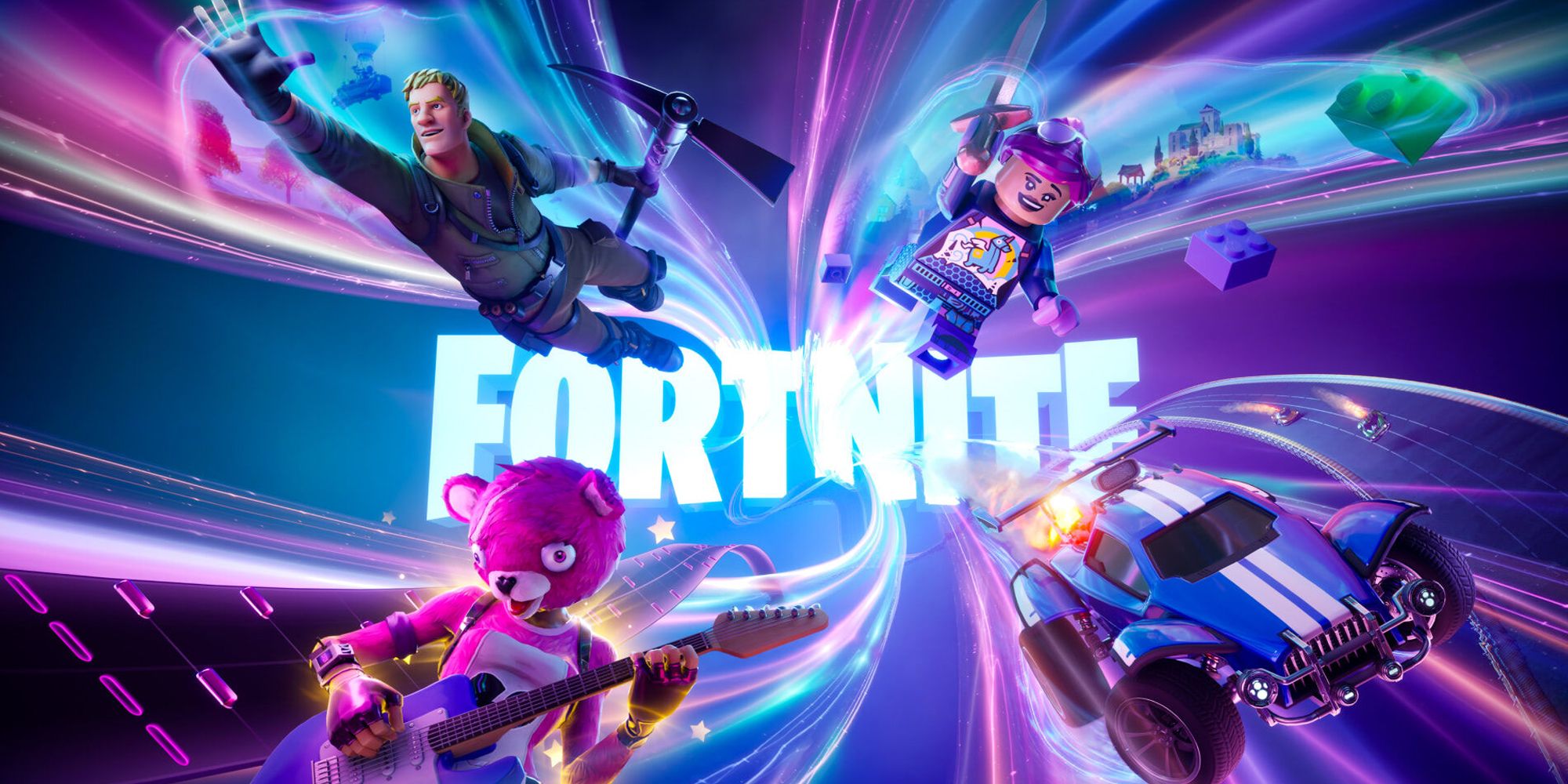 Chapter 4 Season 1 Key Artwork for Fortnite showing three characyers and a car.