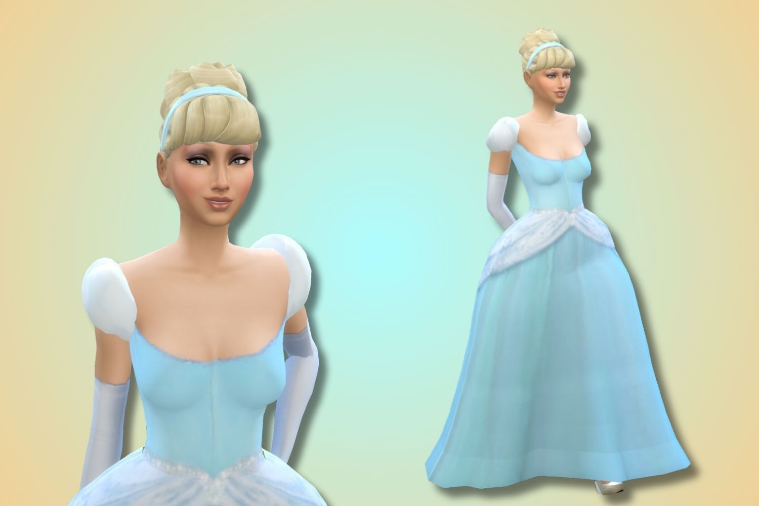 A Sim resembling Cinderella is shown against a yellow and blue background.