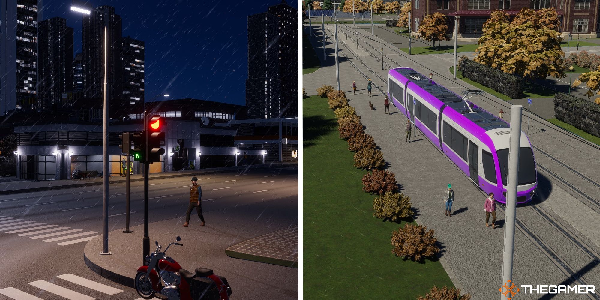 cities skylines 2 split image showing downtown corner at night next to image of tram on pedestrian street