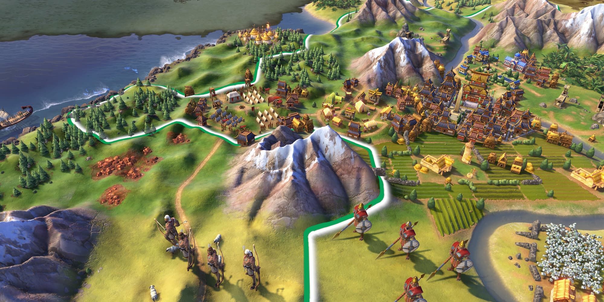 In Sid Meier's Civilization 6 marschieren Soldaten nahe einer Grenze aufeinander zu.