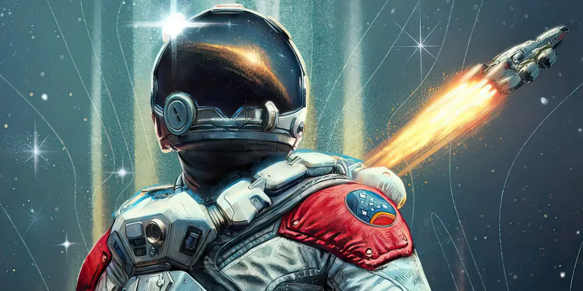 Close up of an astronaut from Starfield with a spaceship flying in the background