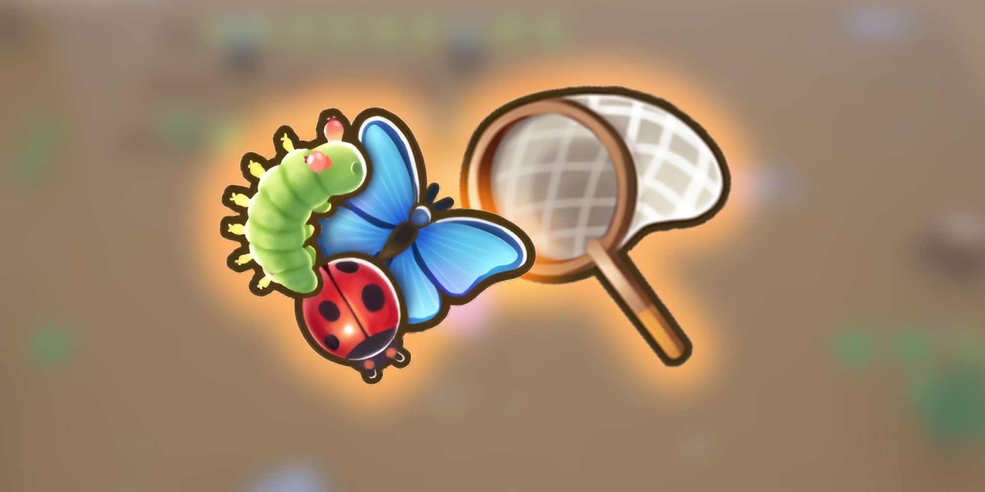 An image of some insects and the bug net from Coral Island, the background is blurred, so as to make the icons pop out.