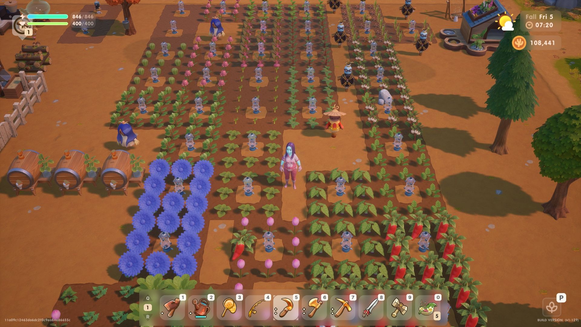 Coral Island avatar standing amidst crops growing on a farming plot. Hot peppers and some flowers are ready for harvesting in the foreground. 