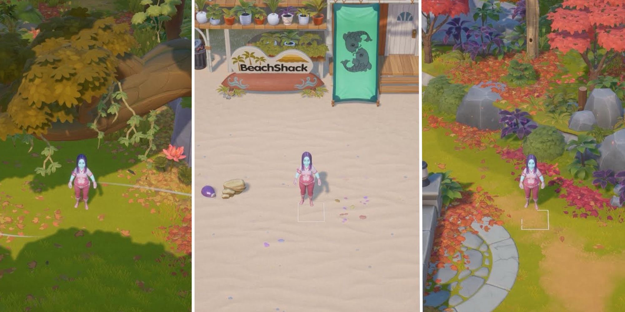 Coral Island avatar standing on the beach in the center panel, at the entrance to the Deep Forest in the left panel, and in the right panel at the paths by the lake. All are good spots for foraging items.