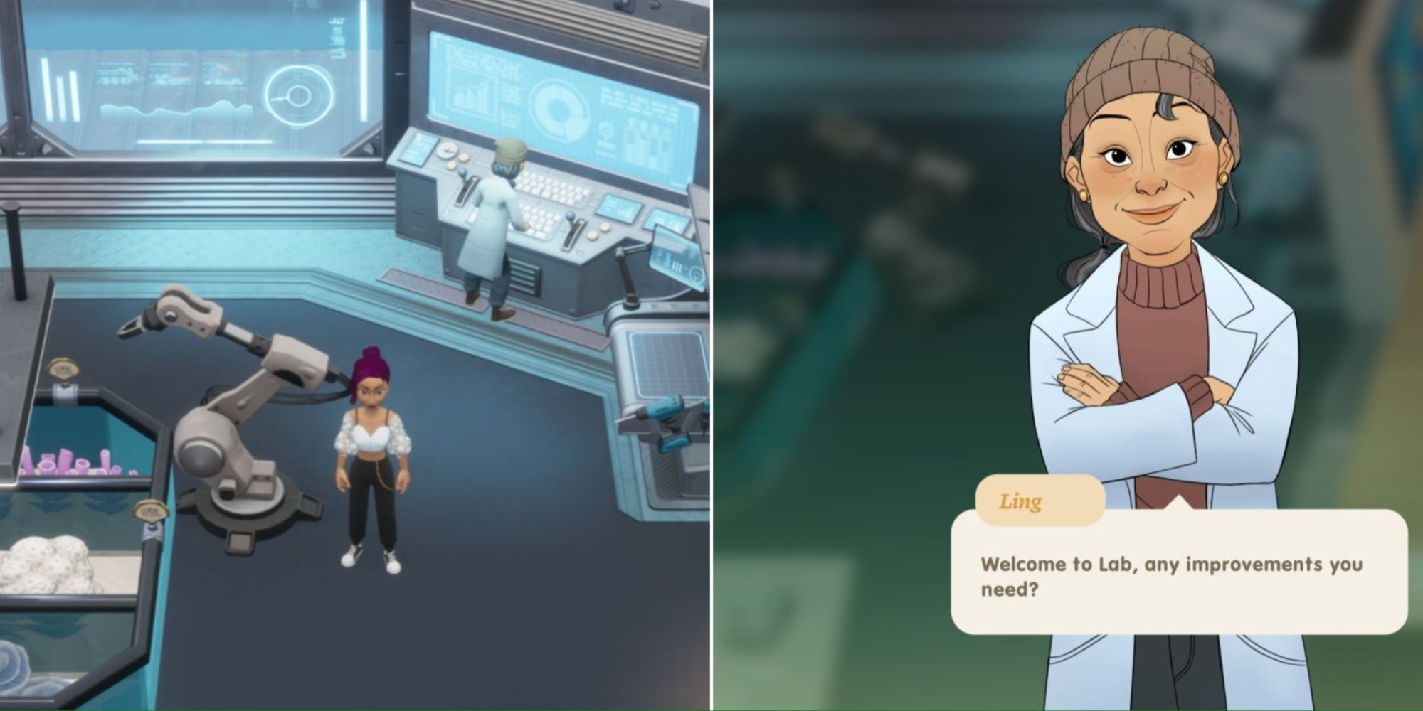 Coral Island: A split image with Ling on the right and the player character in the lab on the left.