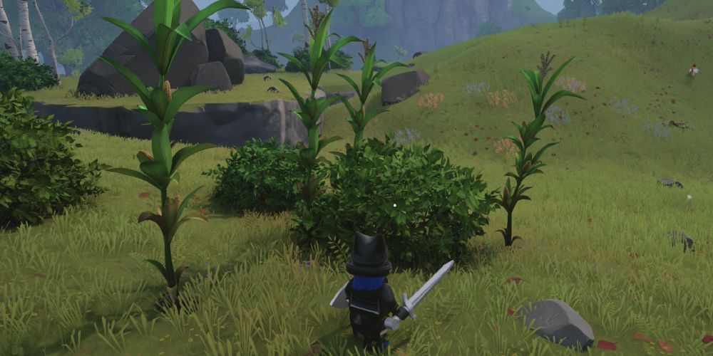 Lego Fortnite Odyssey: Standing in front of some stalks of corn.