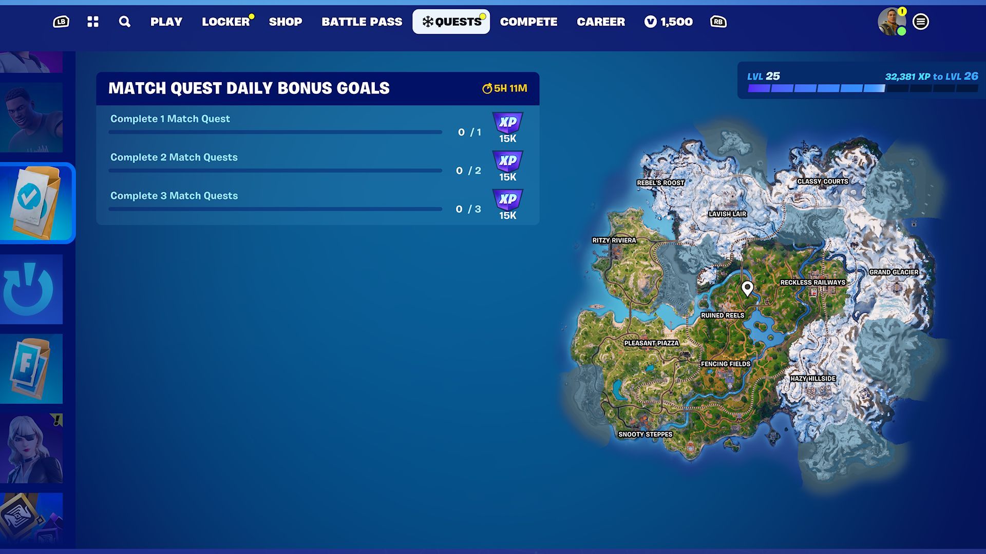 The quests menu showing the list of uncompleted Daily Match Quests, granting Supercharged XP in Fortnite.