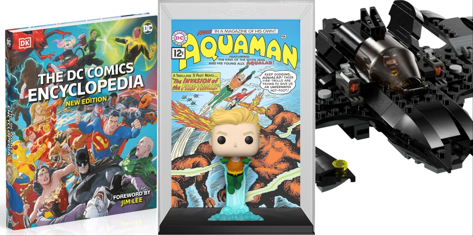 DC Gift Guide Featured Split Image DC Comics Encyclopedia, Aquaman Funko, Batwing