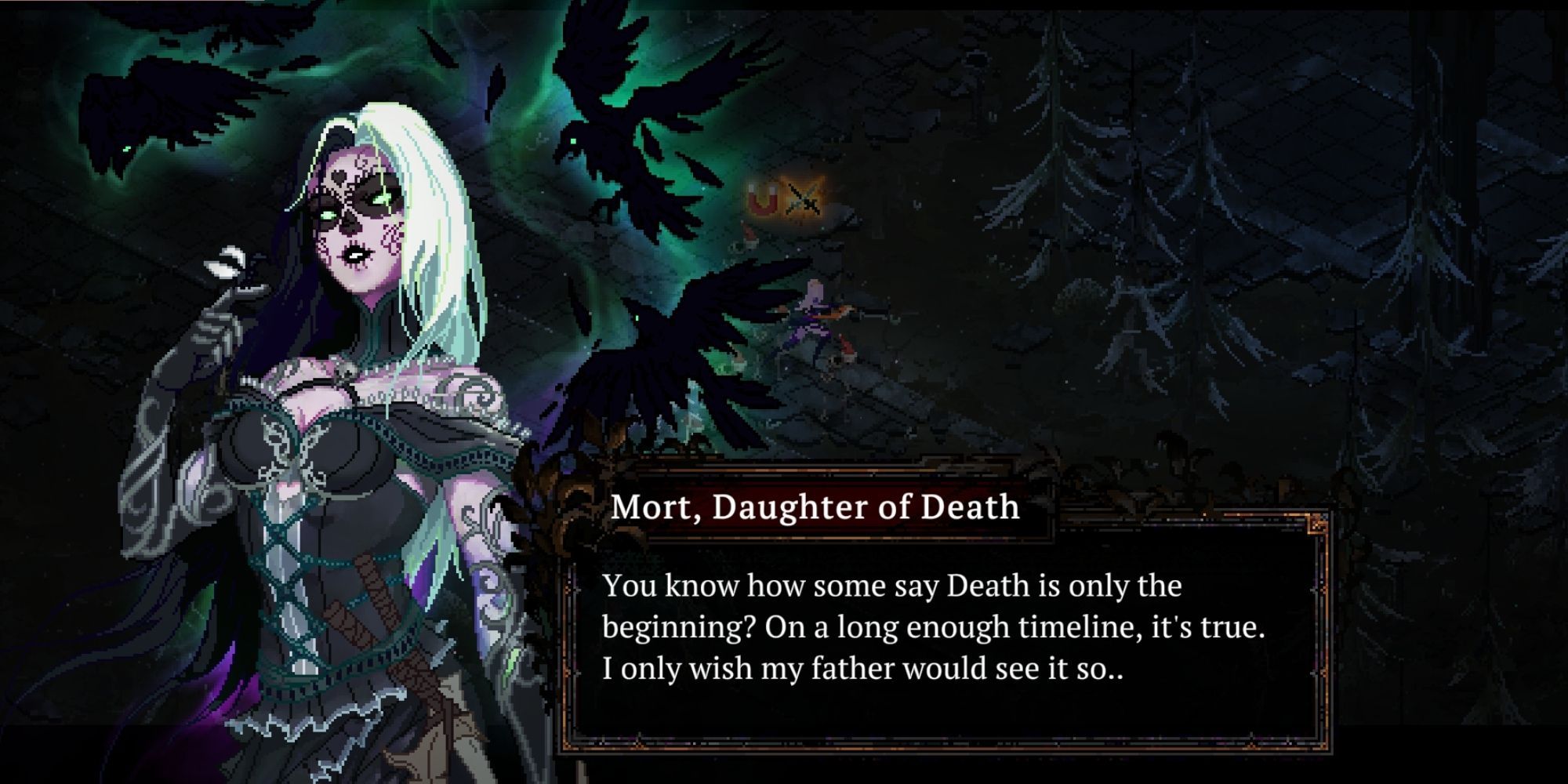 A dialogue with Mort, Death's daughter, who has ravens with glowing green energy near her, and is wearing black and green clothing.