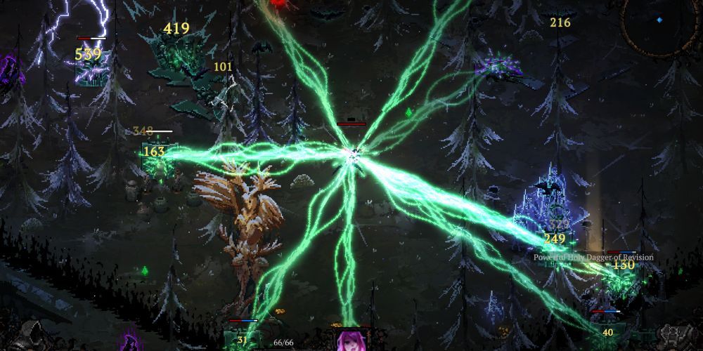 Mehrere hellgrüne Energiestrahlen schießen vom Spieler aus auf Feinde.