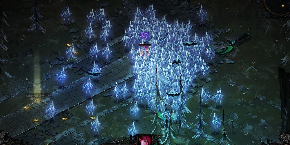 Eine Armee beschworener, gespenstisch blauer Skelette und ein paar Raben, die in der Nähe des Spielers zu sehen sind.
