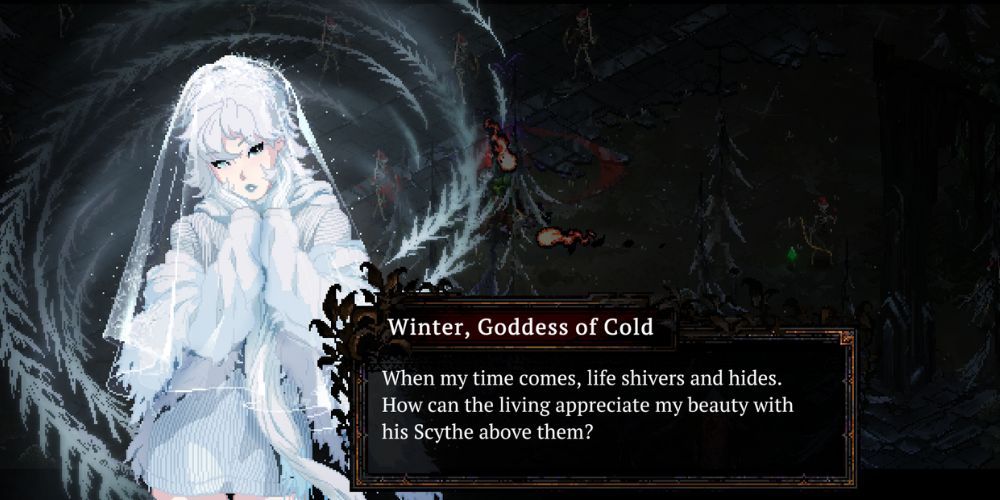 Eine Dialogbox mit Winter, der Göttin der Kälte, links zu sehen, in reinweißer Kleidung und einem transparenten Schleier.