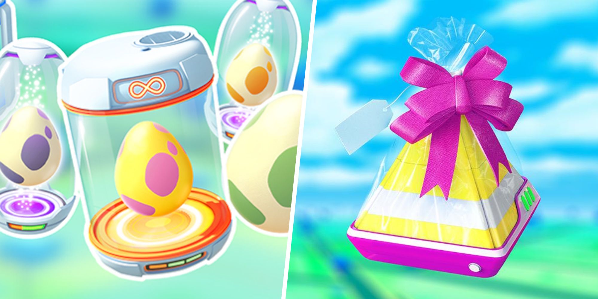 Bild verschiedener Pokemon Go-Eier und Brutkästen, geteilt mit einem Bild eines Pokemon Go-Geschenks