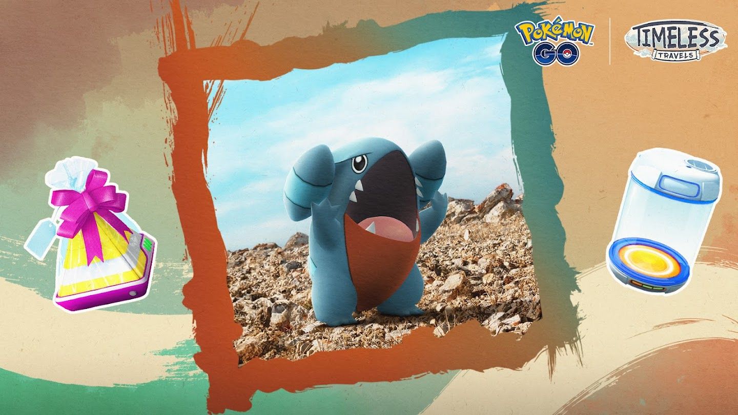 Image of Gible in a frame with a Pokemon Go Gift and Incubator on either side