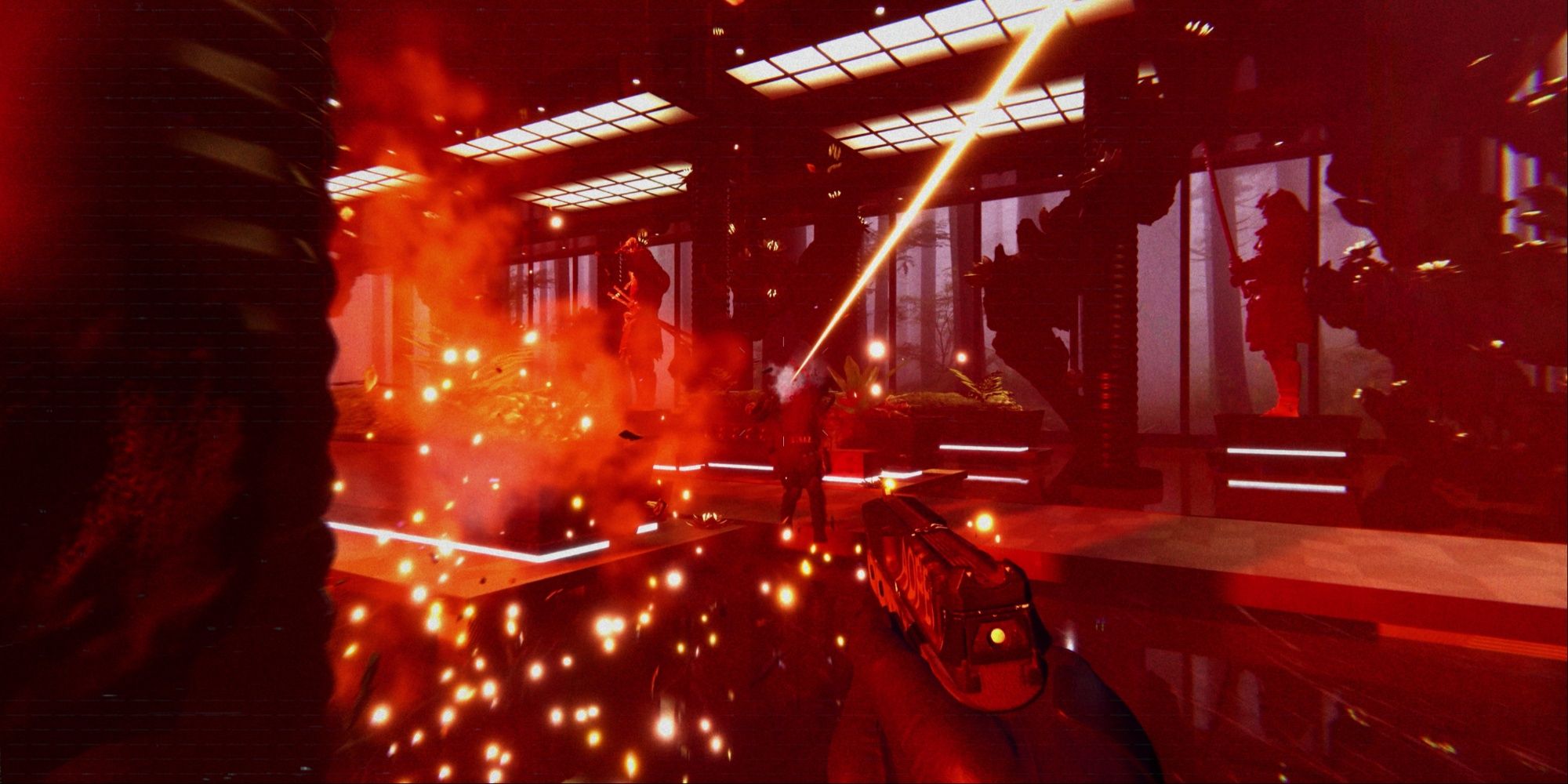 Den of Wolves FPS gameplay in a futuristic red room