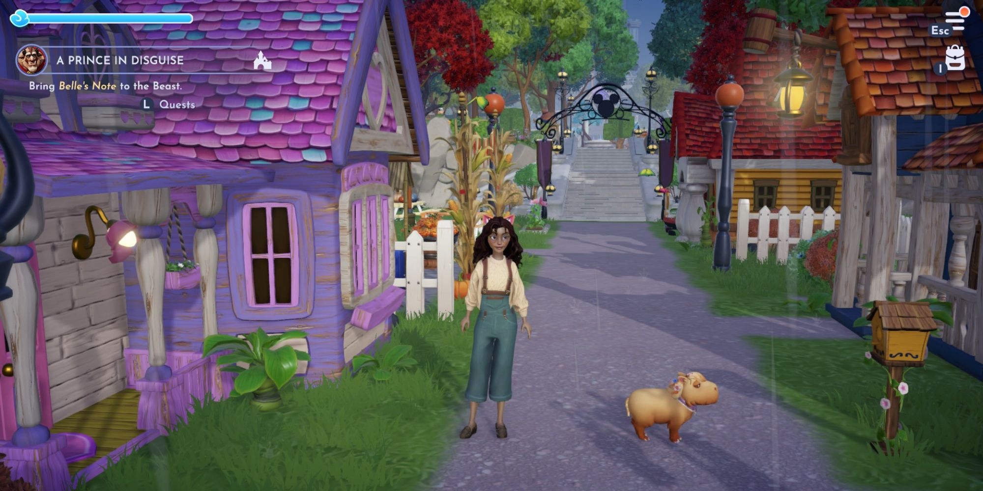 Disney Dreamlight Valley player next to minnie's house with capybara
