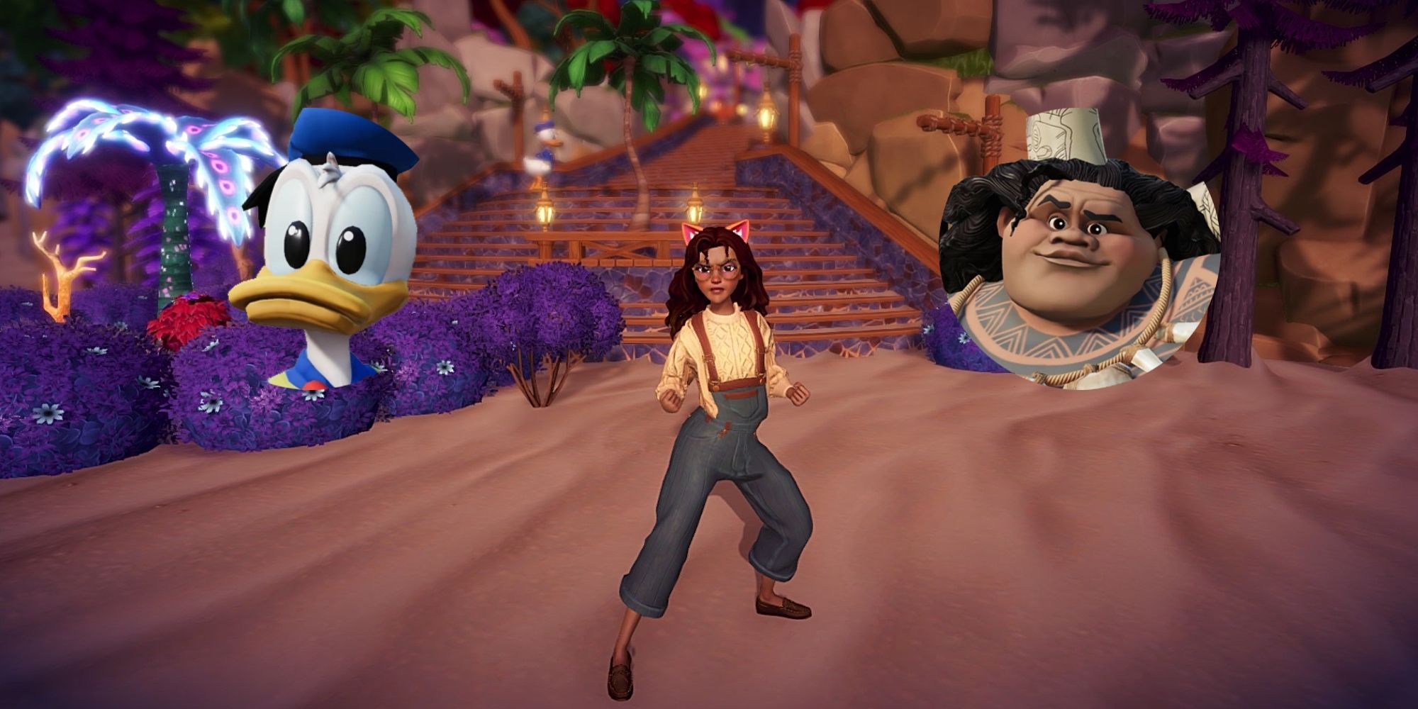 Disney Dreamlight Valley player posing with angery and donald with maui's face on either side
