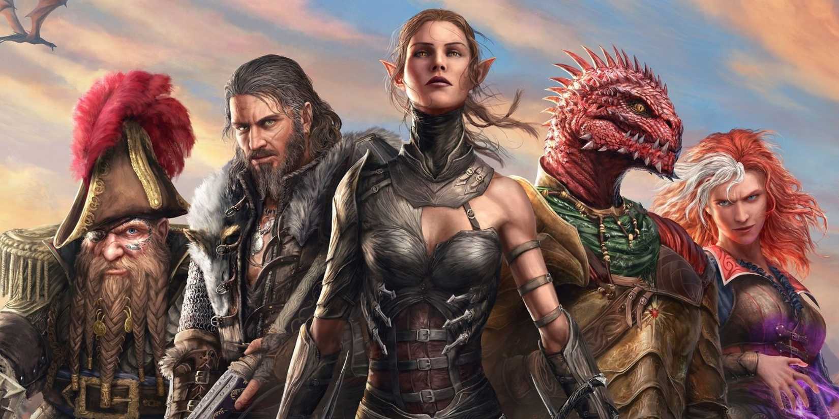 Characters in Divinity Original Sin 2 standing side by side. From left to right: Beast, a dwarf; Ifan, a human; Sebille, an elf; The Red Prince, a lizard; and Lohse, a human. 