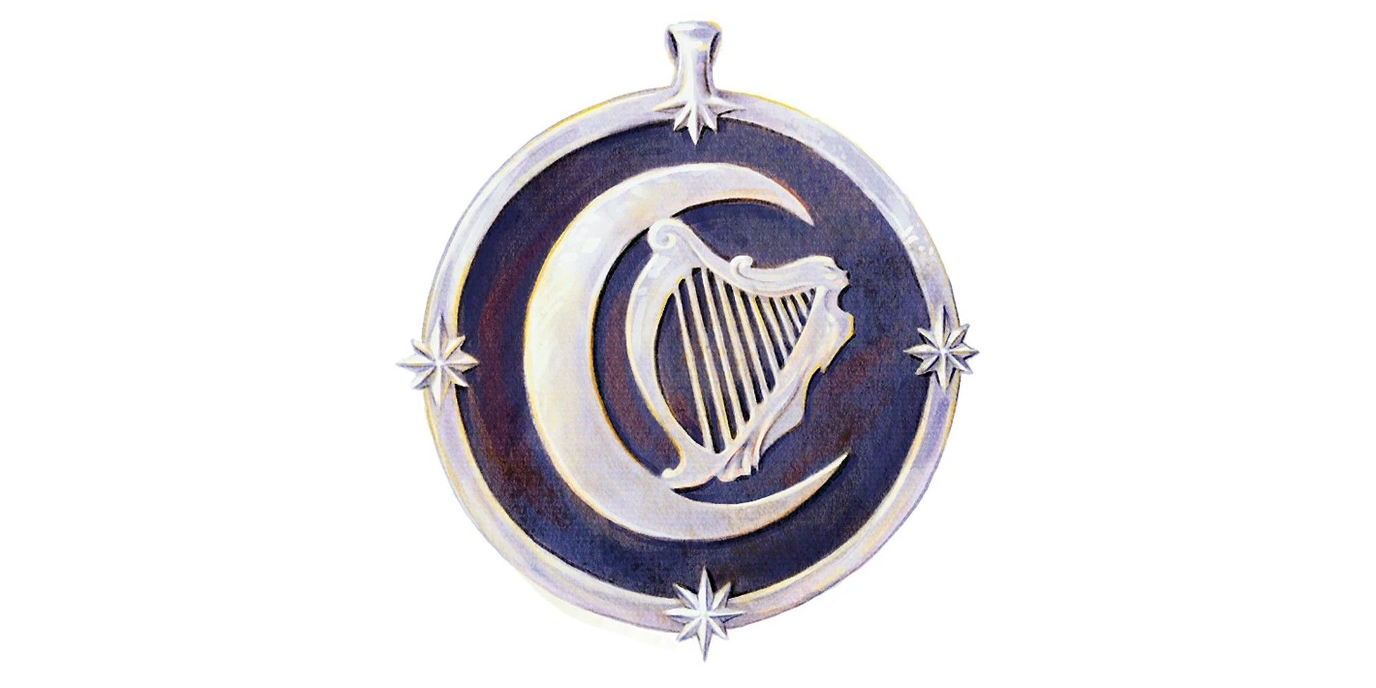 Dungeons & Dragons image showing a Harper pin, with their symbol the crescent moon and harp