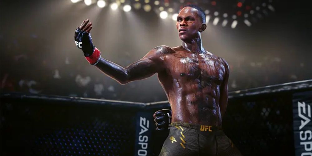 EA Sports UFC 5: sweaty fighter posing in the ring.