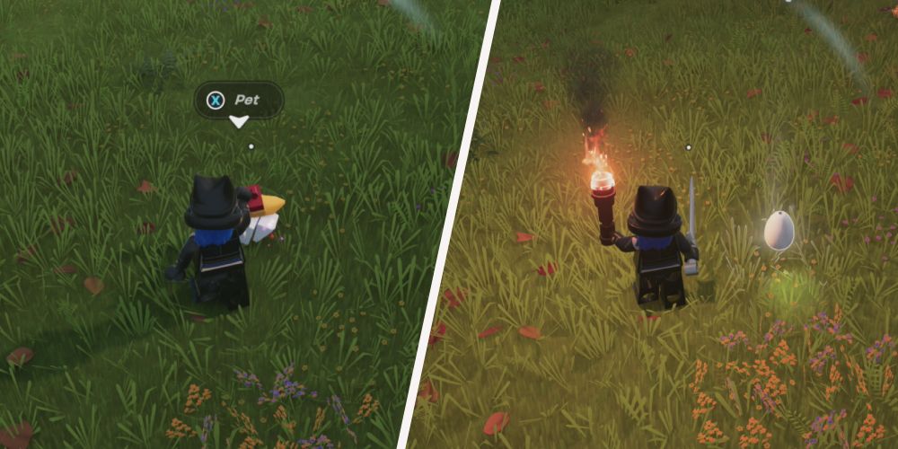 Lego Fortnite Odyssey: Left: petting a chicken, right: receiving an egg from the chicken.