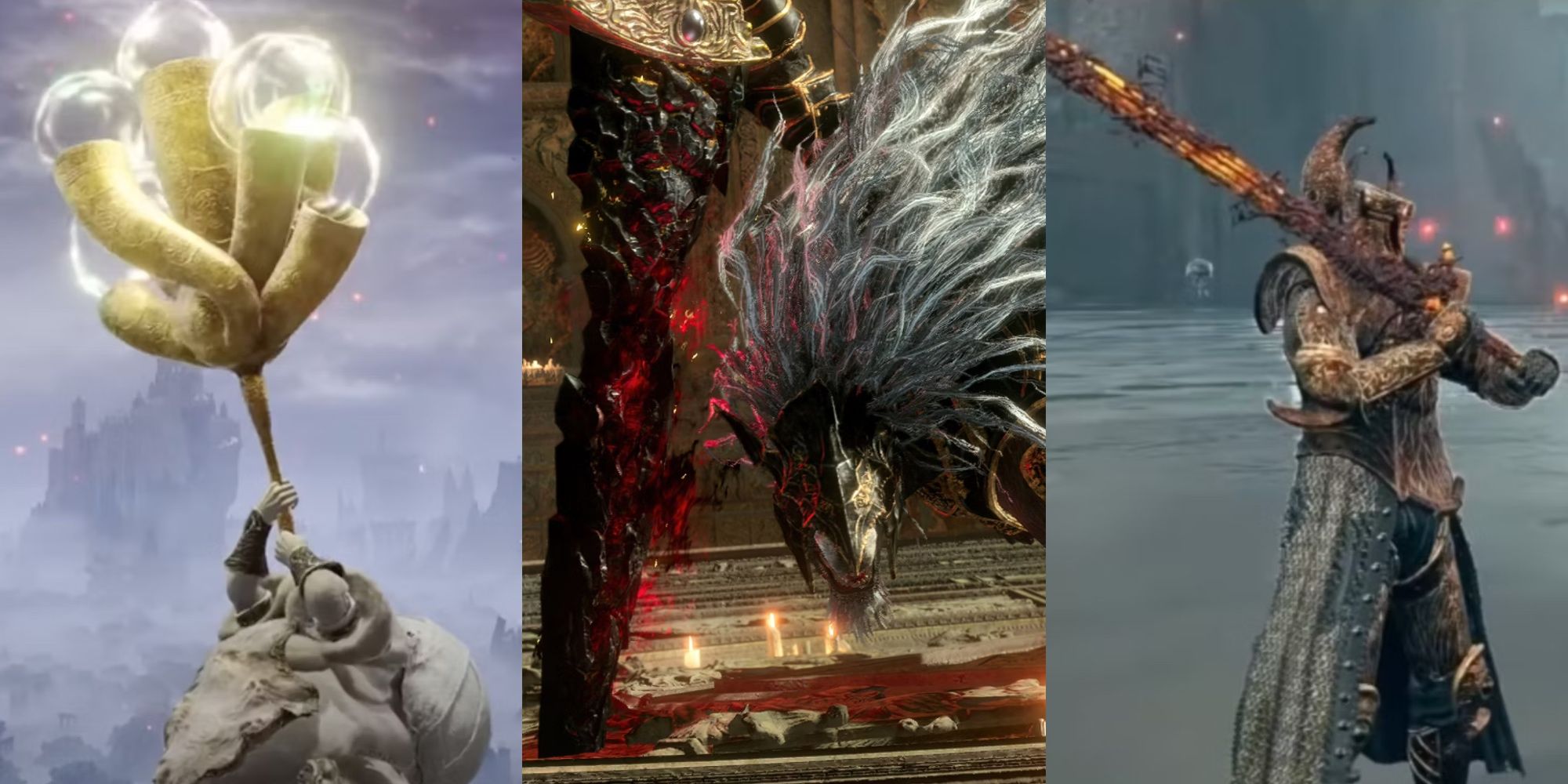 A split image of the Envoy's Long Horn, Maliketh's Black Blade, and the Blasphemous Blade in Elden Ring.