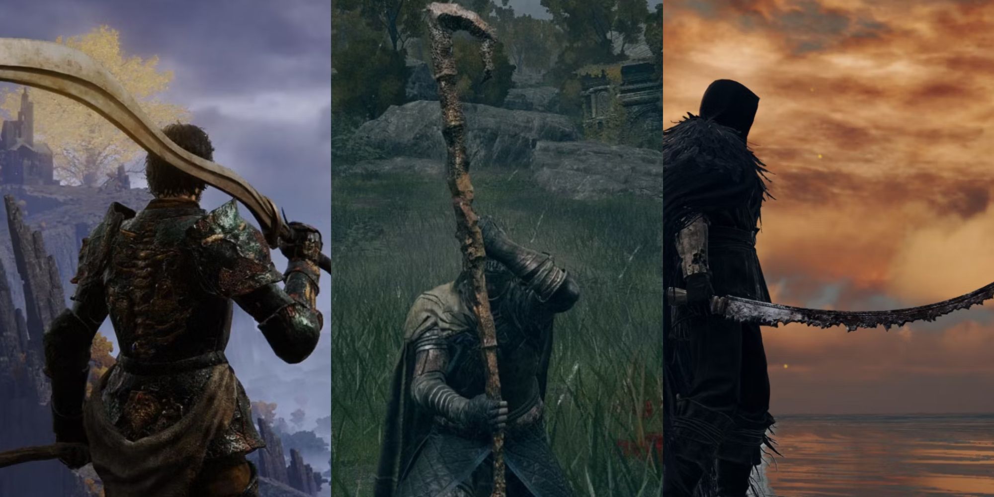 A split image of The Tarnished holding Bloodhound's Fang, Death's Poker, and Scavenger's Curved Sword in Elden Ring.