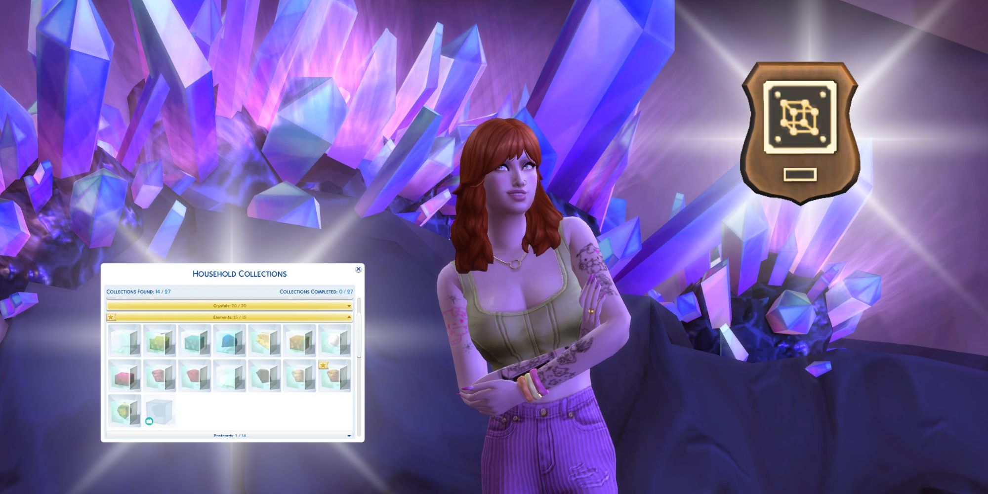 A feminine Sim with red hair stand in the Forgotten Grotto. A photo of a completed elements collection and the 
