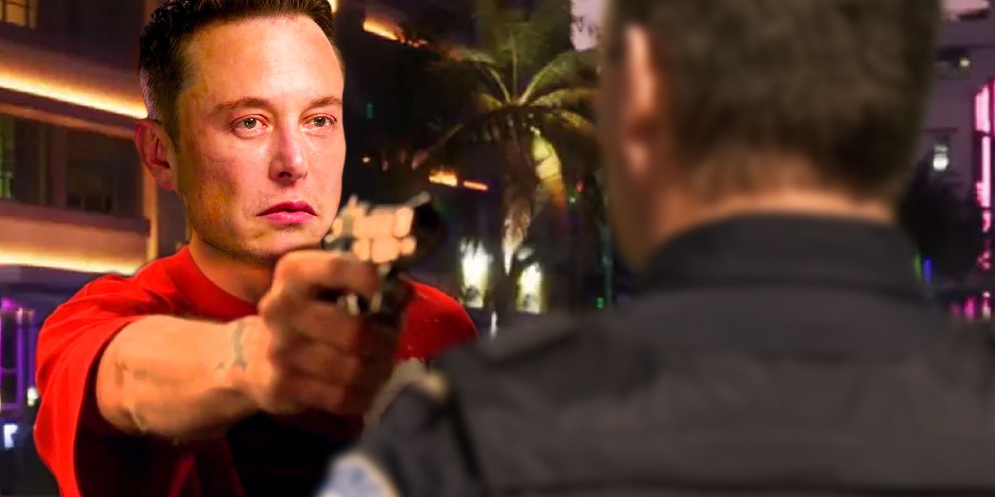 Elon Musk's head on Jesse Pinkman's body pointing a gun at a cop