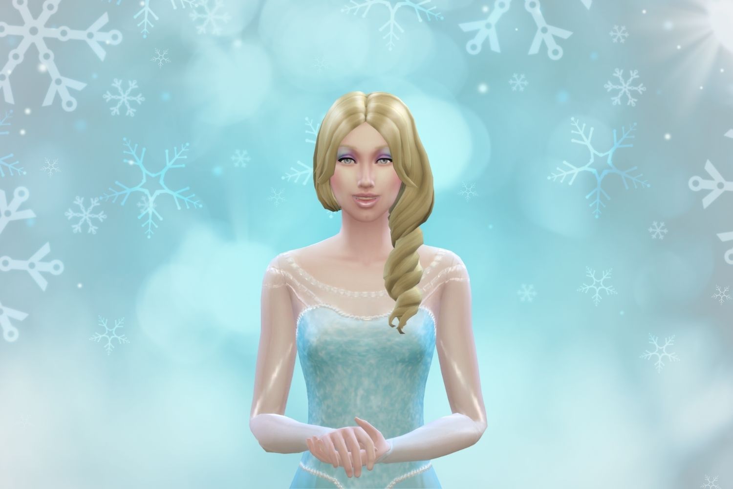 A Sim that resembles Elsa from Disney's Frozen stands in front of an icy background.