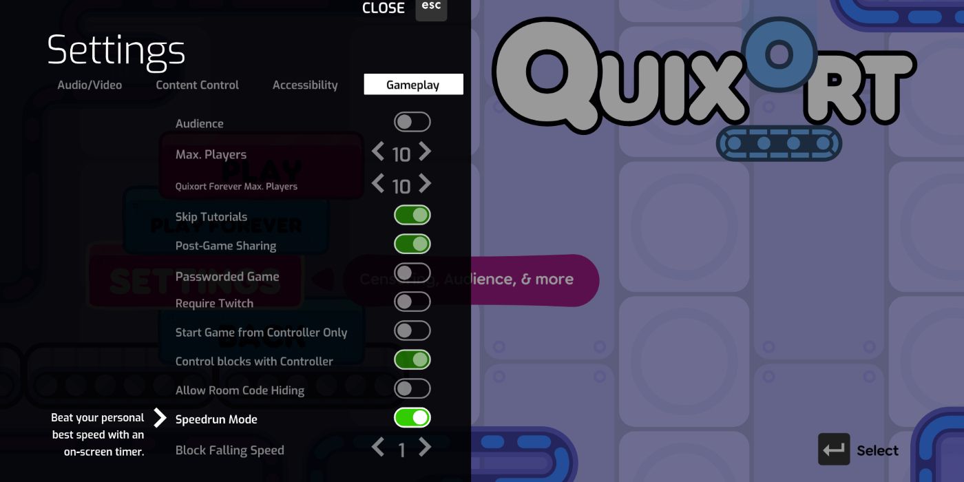 Bild des Quixort-Einstellungsbildschirms