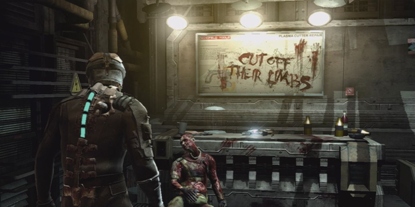 Dead Space Isaac Clarke standing in front of a dead crewmate with "Cut Off Their Limbs" written in blood on the wall next to them