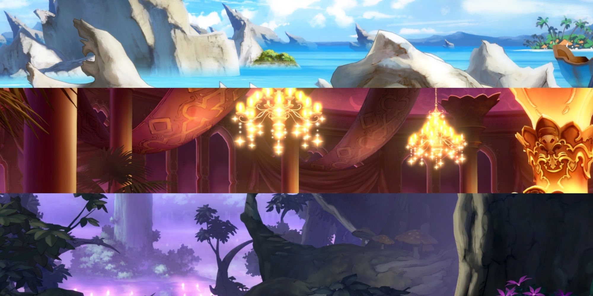A collage of images of stages in Granblue Fantasy Versus: Rising featuring Auguste Isles, Jewel Resort Casino, and Lumacie 