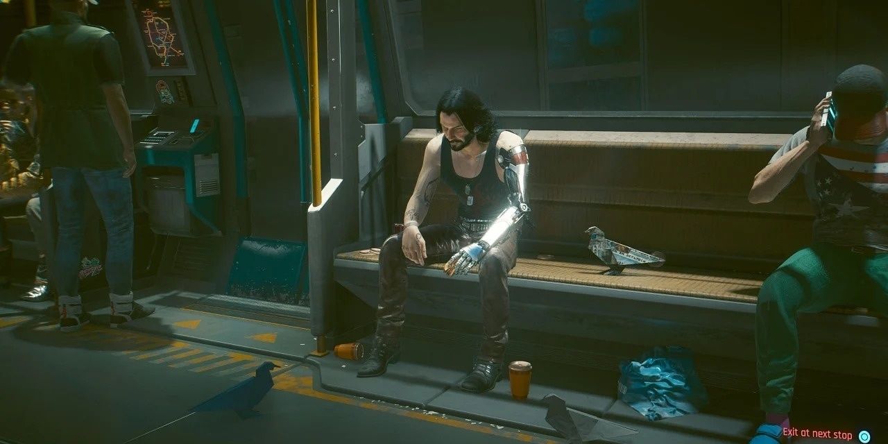 Johnny silverhand sitting on a metro bench in cyberpunk 2077