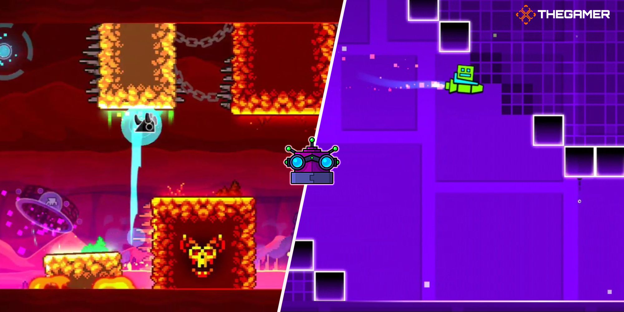 Main Levels in Geometry Dash, and the mechanic in the center.